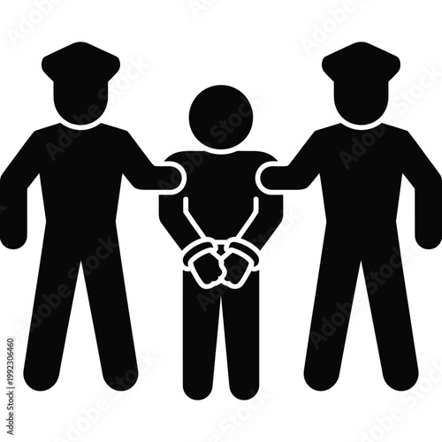 Two police officers arresting suspect in handcuffs black silhouette on transparent background.