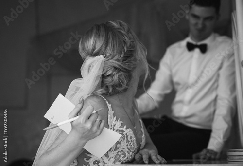 Wedding ceremony bride groom black white emotion romance