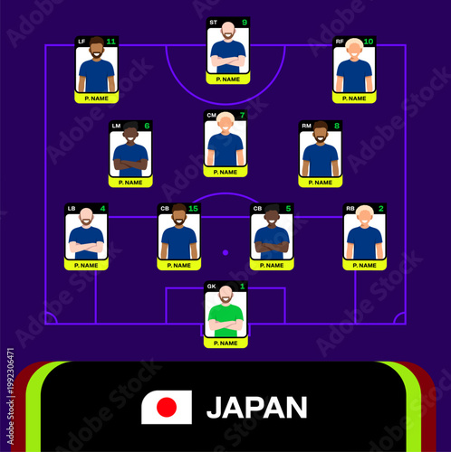 Dynamic Japan Football Team Starting Lineup 2026 Formation Graphic for Sports Tournament Match Announcement Presentation