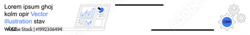 Business management, data visualization, analytics solutions, workflow optimization, CRM operations, marketing tools. A laptop displays analytics charts next to CRM gear icons. Business management