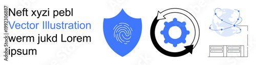 Cybersecurity, data protection, technology automation, innovation, online services, cloud computing. Blue shield with fingerprint, gear with arrows cloud and connected nodes. Cybersecurity and data