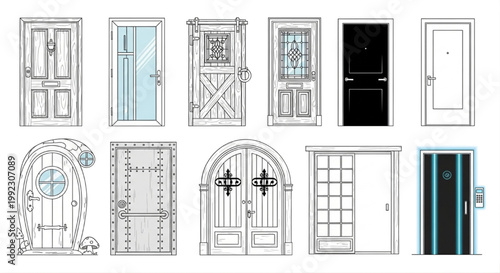 Housing Doors Line Art Vector Set, Modern Home Entrance Outline Icons Collection