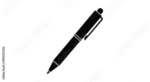 A sleek black ballpoint pen is displayed at a diagonal angle against a plain white background a striking silhouette