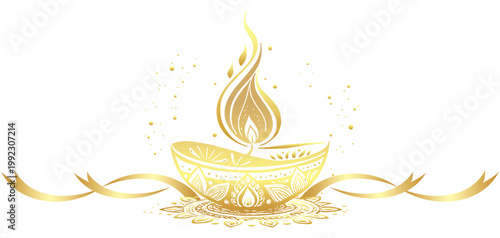 Vector illustration of artistic golden Diwali Diyas with graceful flames for Diwali day
