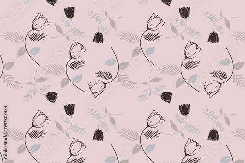 High-contrast black floral seamless pattern with soft blush pastel accents, blending modern elegance and couture style for luxury packaging, textiles, wallpaper, and refined stationery use.