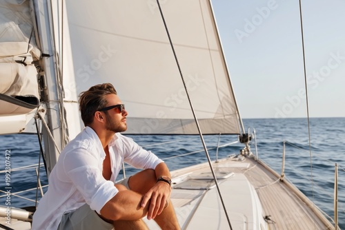 Sailing on the Ocean With Sunlight Shining and a Man in a Hat Enjoying the View and Relaxation