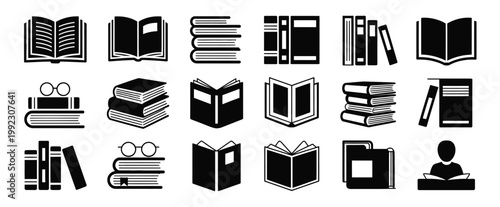 Book icons set representing learning knowledge and literature featuring open pages stacked volumes bookmarks and reader symbols