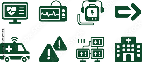 Green emergency medical service icons flat vector set featuring patient monitoring, ambulance network, alert notifications, dispatch center, and hospital service symbols, healthcare platform interface