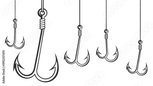 Vector illustration set of sharp metal fishing hooks with equipment adventure activity recreation isolated