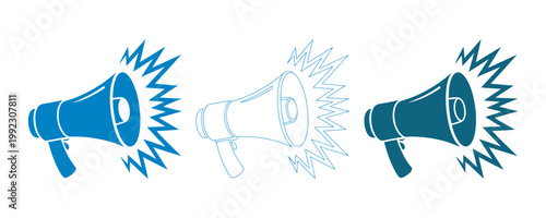 Megaphone loudspeaker icons, sound waves announcement communication symbols, colorful set, marketing broadcast concept, modern clean vector design