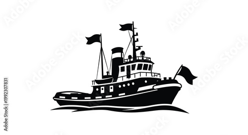 A detailed black silhouette of a vintage tugboat gracefully sailing on calm waters evoking a nautical theme silhouette