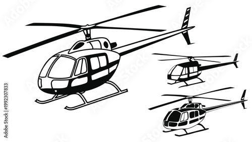 Vector illustration of several helicopters in flight with helicopter aviation aircraft transport aerospace