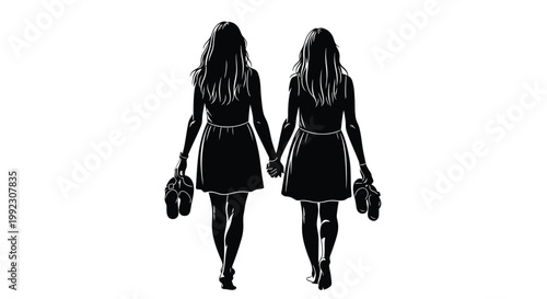 Silhouettes of two young women holding hands walking barefoot with sandals in their grasp
