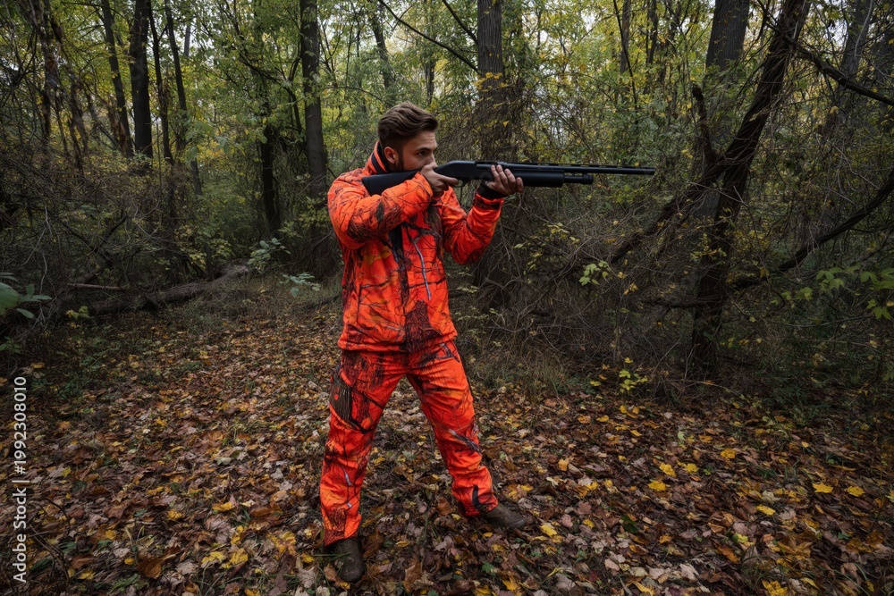 Naklejka premium Hunter in Orange Gear Aims Shotgun in Forest During Autumn