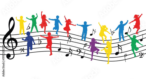 Colorful silhouettes of children dancing joyfully to music on a musical staff