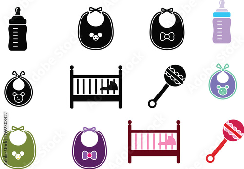 Colorful baby icons including bottles, bibs, rattles, and cribs