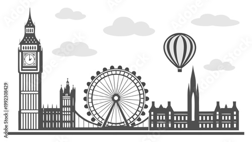 Vector illustration of london city skyline with landmarks and hot air balloon landmark architecture