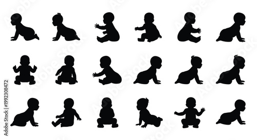 Set of black silhouettes showing cute babies in various poses of crawling sitting and playing together happily