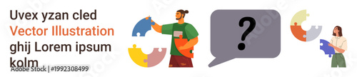 Collaboration, communication, problem solving, teamwork, idea sharing, brainstorming. People holding colorful puzzle pieces and a speech bubble with a question mark. Collaboration and communication