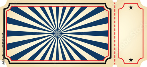 Blank vintage ticket stub with blue sunburst rays. Retro ticket entry pass template for film, cinema, movie, circus, theater, casino, concert. Vector illustration