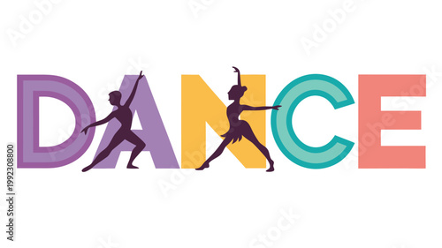 Vector illustration of dance typography with male and female ballet dancer silhouettes typography silhouette