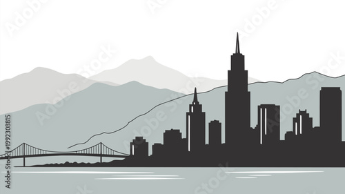 Vector illustration of coastal city skyline with bridge and mountains landscape architecture