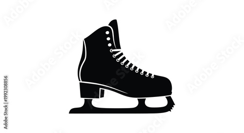 A striking black silhouette depicts a single ice skate with detailed lacing and blade offering a minimalist aesthetic silhouette