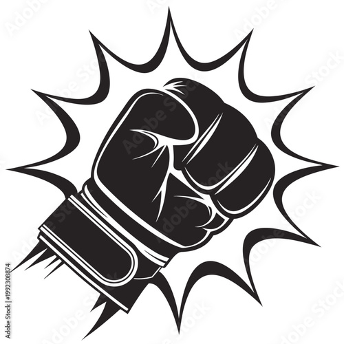 Vector illustration of a black boxing glove with an explosive impact graphic illustration starburst