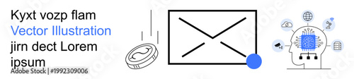 Email communication, AI technology, cryptocurrency, innovation, global networking, digital economy. An envelope, coin and AI-influenced icons. Email communication and AI technology theme