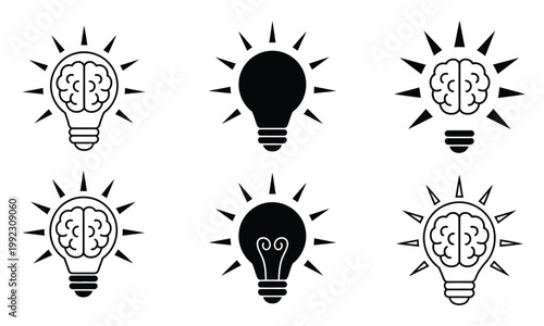 Brain in light bulb icon set featuring creative idea generation symbols, solution thinking elements, knowledge and inspiration lamp graphics