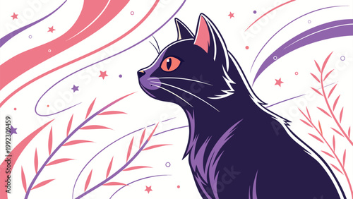 Vector illustration of a black cat with stylized swirling background illustration domestic whiskers