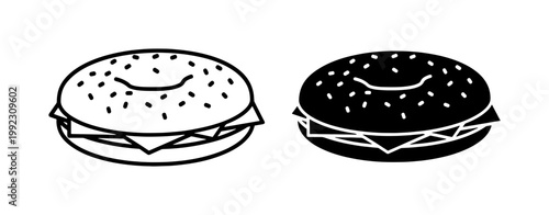Bagel sandwich icon set with sesame seeds and cheese