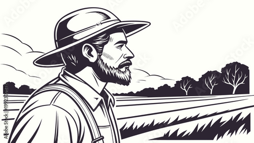 Vector illustration of a farmer in a hat looking over a field with agriculture overalls portrait outdoors