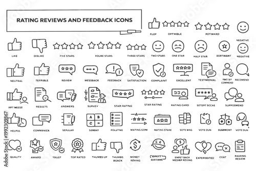 Rating reviews and feedback icons: stars, emotions, actions, symbols, graphics.