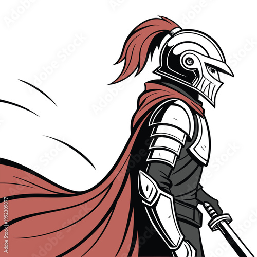 Vector illustration of a medieval knight in full armor with a red cape medieval defender character