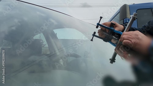 Windshield Repair in 4K, Injecting Adhesive into Crack, Car Glass Fix, Professional Chip Repair, Automotive Service Close-up Shot