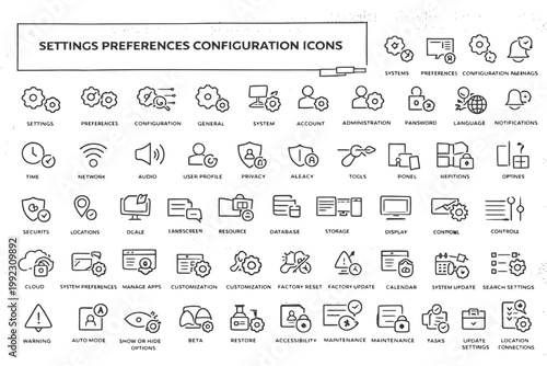 Settings preferences configuration icons set for system and device customization.