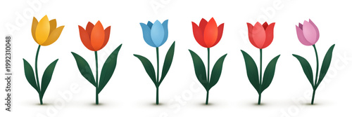 Set of six colored tulips with a shadow on a white background. Flat, cute flowers, design elements. Vector EPS 10.