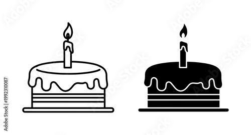 Birthday cake icon set with burning candle and frosting