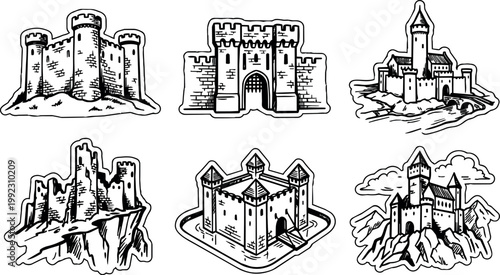 Black and white line art medieval castles set with towers and gates