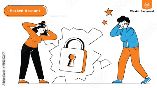 Vector illustration of people distressed over hacked account and weak password with security, password