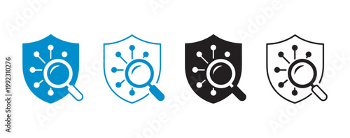Shield icons network security analysis, magnifying glass connected nodes concept, four variations set, modern elegant clean crisp professional vector