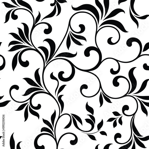 Valokuva Black floral seamless pattern featuring artistic vine scrolls and foliage elements for interior decor and creative crafts project
