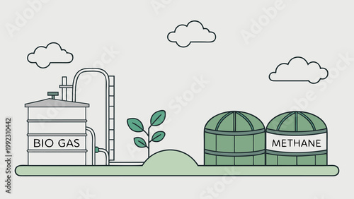 Vector illustration of a biogas plant with methane storage tanks industry renewable technology environment