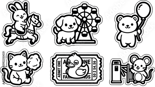 Black and white amusement park animals bunny dog bear cat duck mouse with ticket and balloon vector art