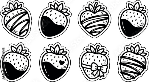 Black and white line art strawberries dipped in chocolate with bow and heart details