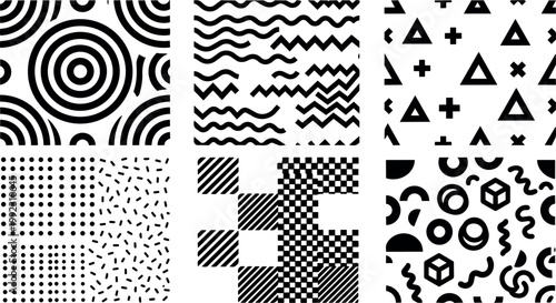 Black and white geometric shapes seamless pattern set with circles waves and cubes