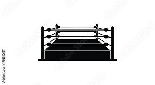 A stark black silhouette of a professional wrestling ring including ropes and corner posts stands prominently displayed silhouette