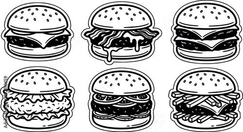 Six different hamburgers with toppings and buns
