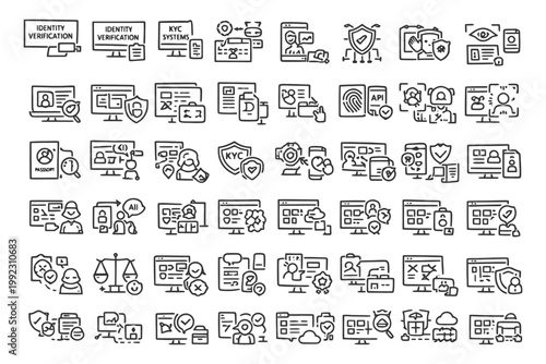 Identity verification and kyc systems icons for digital security solutions.